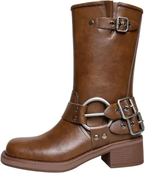 YIYA Women's Motorcycle Mid Calf Boots for Riding Buckle Studded Chunky Low Heel Biker Pull On Ankle Boots