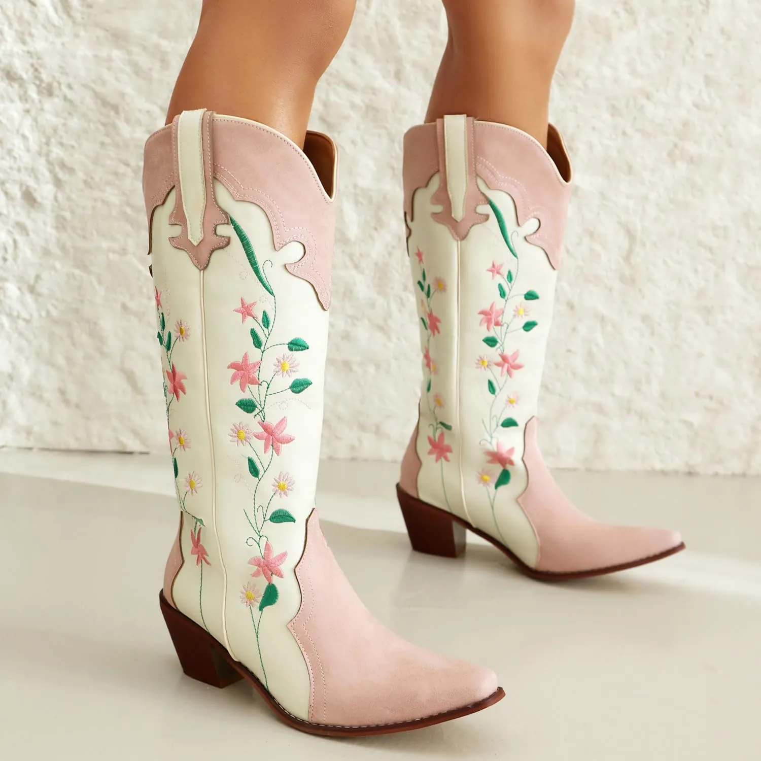 YIYA Women's Pink Floral Embroidered Western Cowboy Boots Cute Knee High Cowgirl Boots Pointed Toe Chunky Stacked Heel Retro Classic Tall Boot