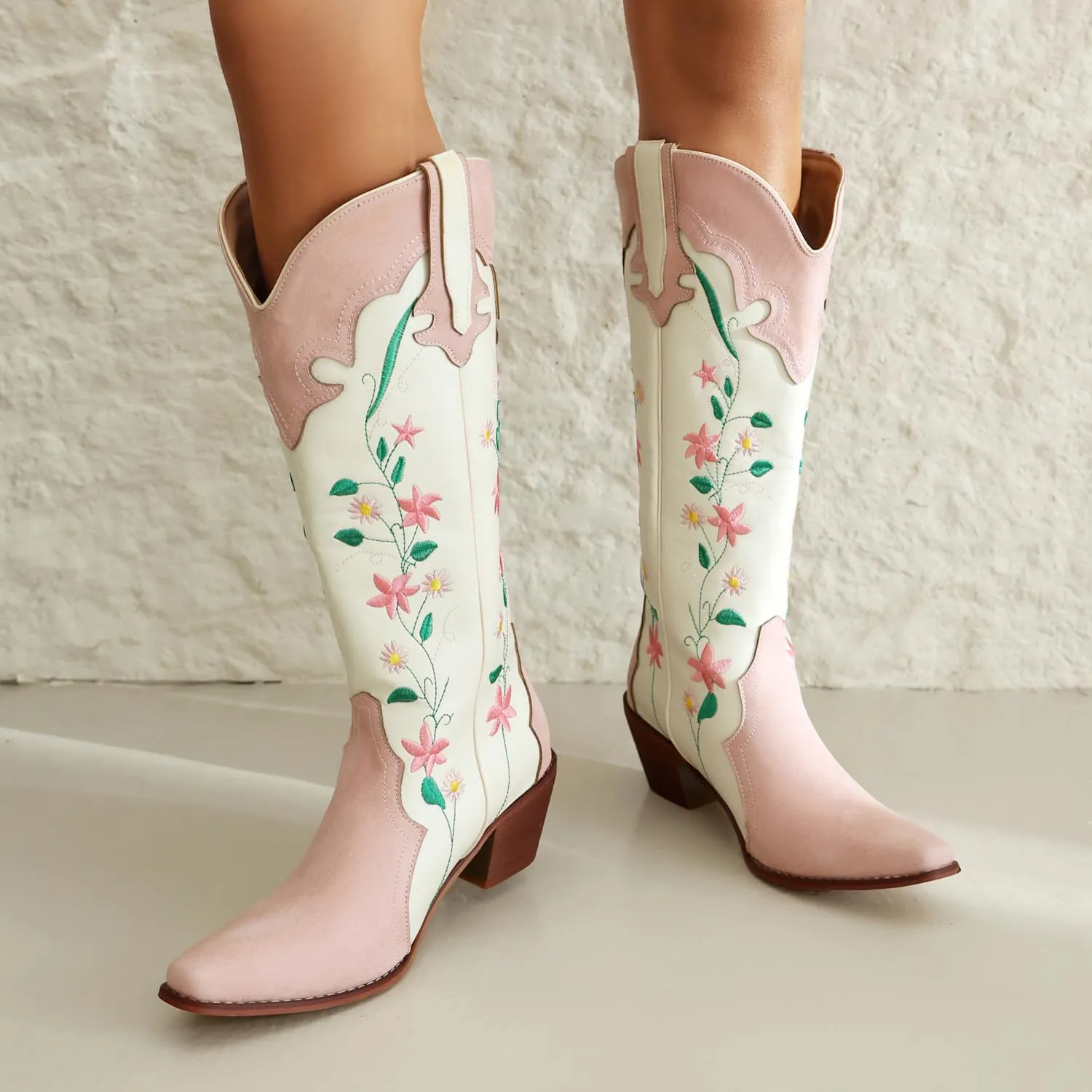 YIYA Women's Pink Floral Embroidered Western Cowboy Boots Cute Knee High Cowgirl Boots Pointed Toe Chunky Stacked Heel Retro Classic Tall Boot