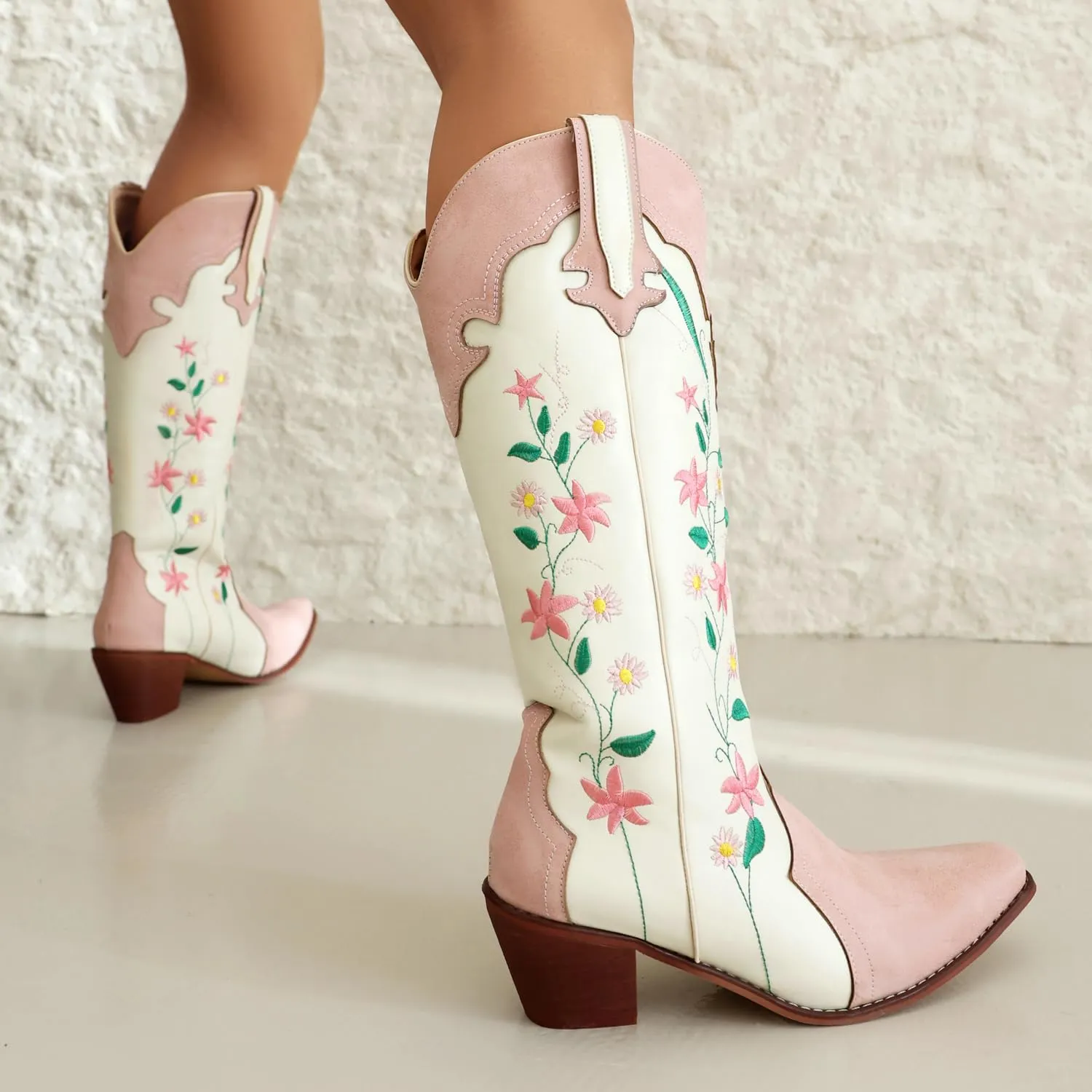 YIYA Women's Pink Floral Embroidered Western Cowboy Boots Cute Knee High Cowgirl Boots Pointed Toe Chunky Stacked Heel Retro Classic Tall Boot