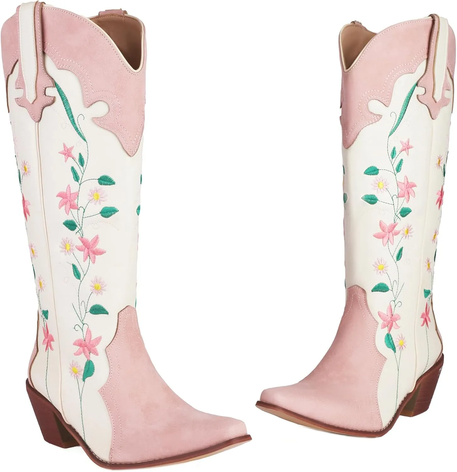 YIYA Women's Pink Floral Embroidered Western Cowboy Boots Cute Knee High Cowgirl Boots Pointed Toe Chunky Stacked Heel Retro Classic Tall Boot