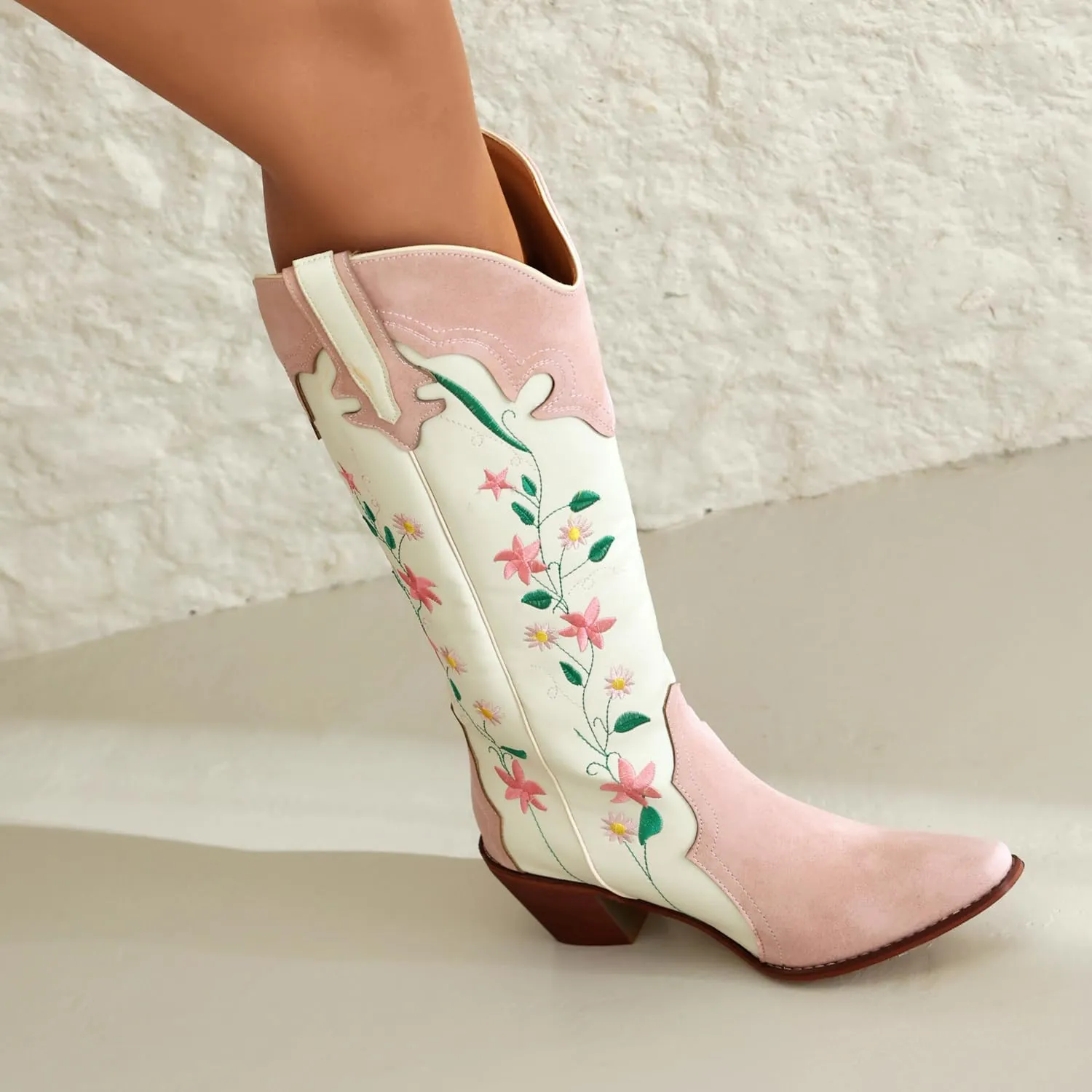 YIYA Women's Pink Floral Embroidered Western Cowboy Boots Cute Knee High Cowgirl Boots Pointed Toe Chunky Stacked Heel Retro Classic Tall Boot