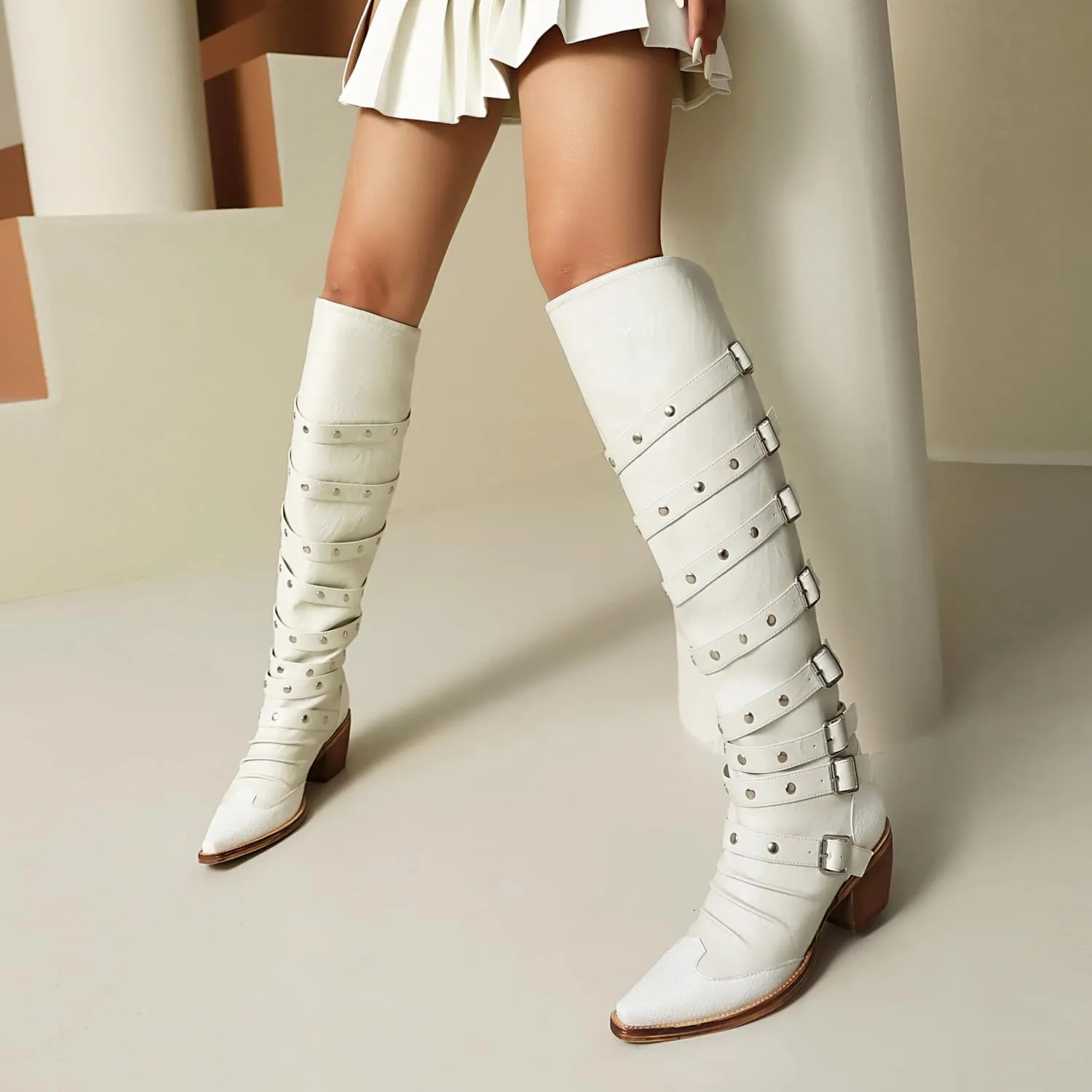 YIYA Women's Punk Buckle Rivet Knee High Boots for Fall Pointed Toe Chunky Stacked Heel Vintage Motorcycle Goth Long Boots Studded Riding Tall Boots