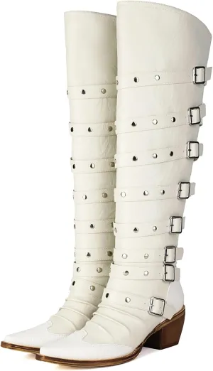 YIYA Women's Punk Buckle Rivet Knee High Boots for Fall Pointed Toe Chunky Stacked Heel Vintage Motorcycle Goth Long Boots Studded Riding Tall Boots