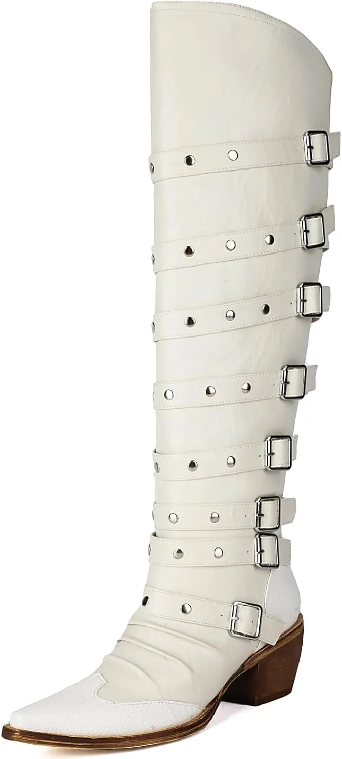 YIYA Women's Punk Buckle Rivet Knee High Boots for Fall Pointed Toe Chunky Stacked Heel Vintage Motorcycle Goth Long Boots Studded Riding Tall Boots