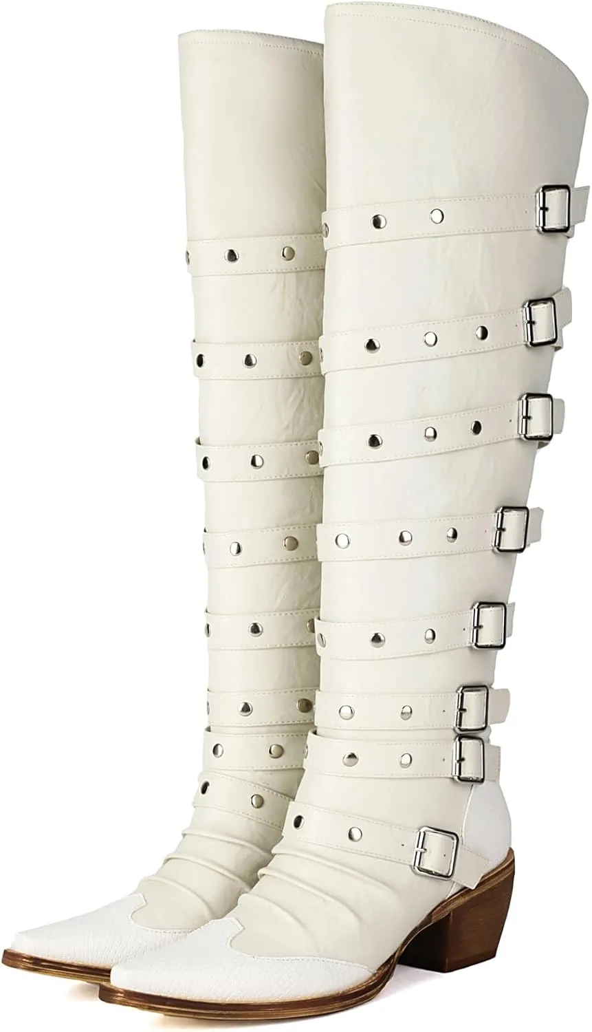 YIYA Women's Punk Buckle Rivet Knee High Boots for Fall Pointed Toe Chunky Stacked Heel Vintage Motorcycle Goth Long Boots Studded Riding Tall Boots