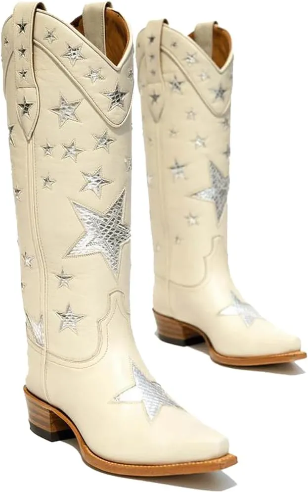 YIYA Women's Star Cowboy Boots Black and White Cowgirl Boots with White Stars Pointed Toe Chunky Low Heel Pull-On Wide Calf Western Embroidered Boots