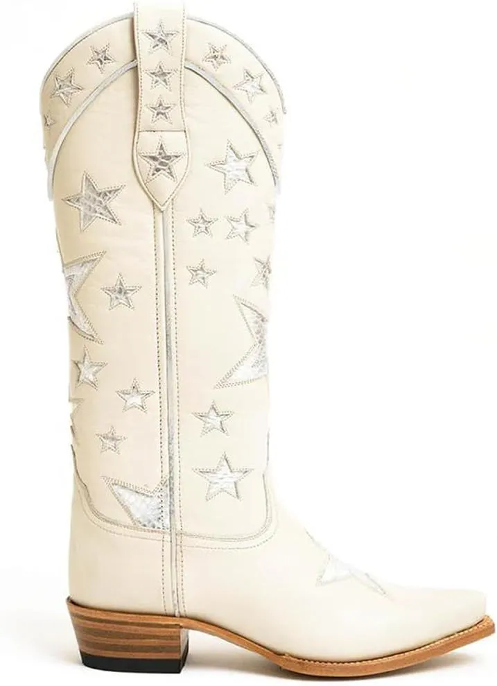 YIYA Women's Star Cowboy Boots Black and White Cowgirl Boots with White Stars Pointed Toe Chunky Low Heel Pull-On Wide Calf Western Embroidered Boots