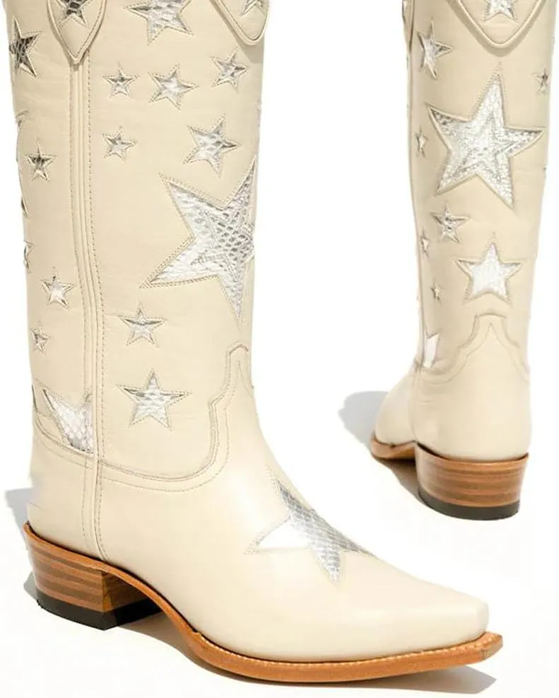 YIYA Women's Star Cowboy Boots Black and White Cowgirl Boots with White Stars Pointed Toe Chunky Low Heel Pull-On Wide Calf Western Embroidered Boots