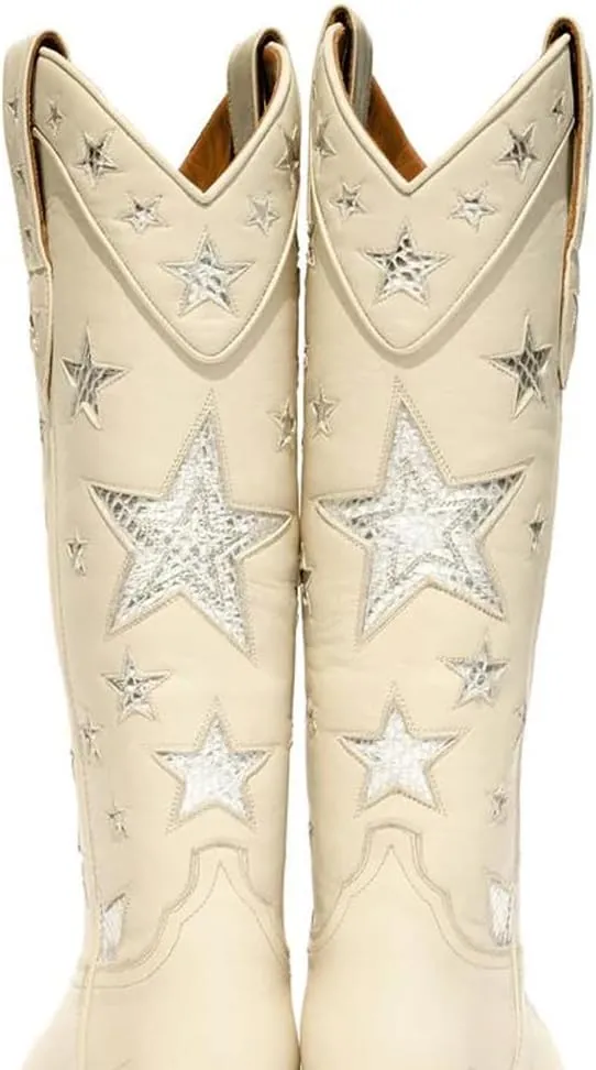 YIYA Women's Star Cowboy Boots Black and White Cowgirl Boots with White Stars Pointed Toe Chunky Low Heel Pull-On Wide Calf Western Embroidered Boots