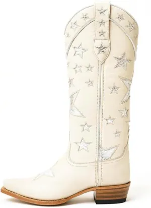 YIYA Women's Star Cowboy Boots Black and White Cowgirl Boots with White Stars Pointed Toe Chunky Low Heel Pull-On Wide Calf Western Embroidered Boots