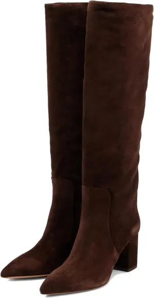 YIYA Women's Wine Red Suede Fall Knee High Boots Pointed Toe Chunky Block High Heels Party Dress Pull On Long Boots
