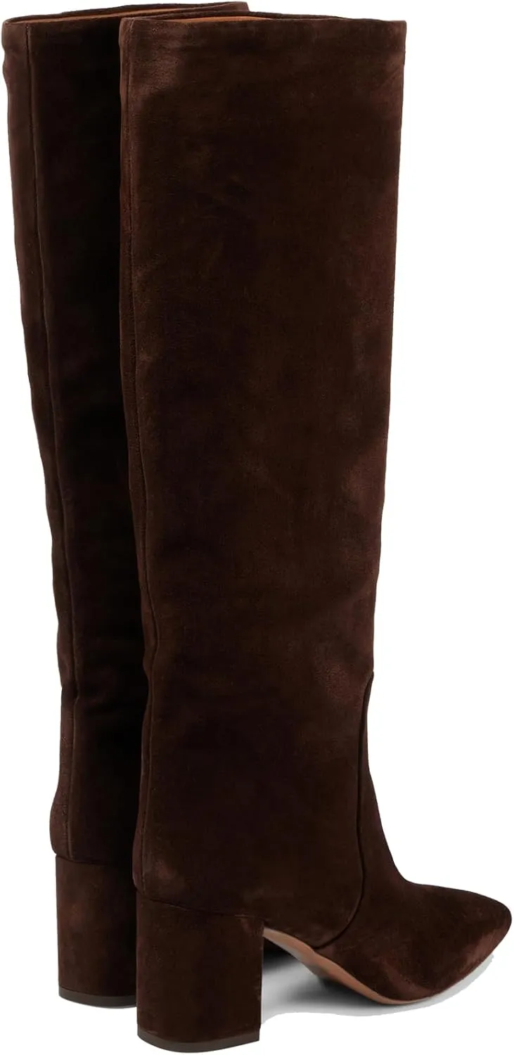 YIYA Women's Wine Red Suede Fall Knee High Boots Pointed Toe Chunky Block High Heels Party Dress Pull On Long Boots