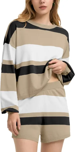ZANZEA 2 Piece Lounge Sets for Women Knit Long Sleeve Pullover Tops and Short Sets Strip Vacation Outfits Casual Sweater Sets