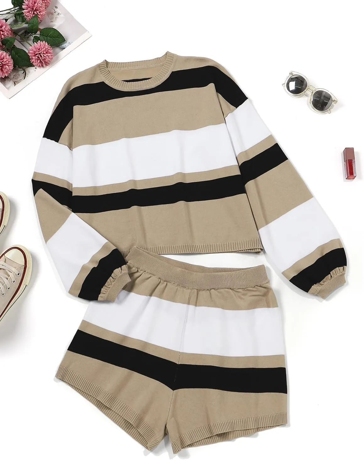 ZANZEA 2 Piece Lounge Sets for Women Knit Long Sleeve Pullover Tops and Short Sets Strip Vacation Outfits Casual Sweater Sets