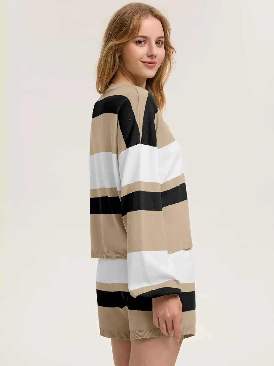 ZANZEA 2 Piece Lounge Sets for Women Knit Long Sleeve Pullover Tops and Short Sets Strip Vacation Outfits Casual Sweater Sets