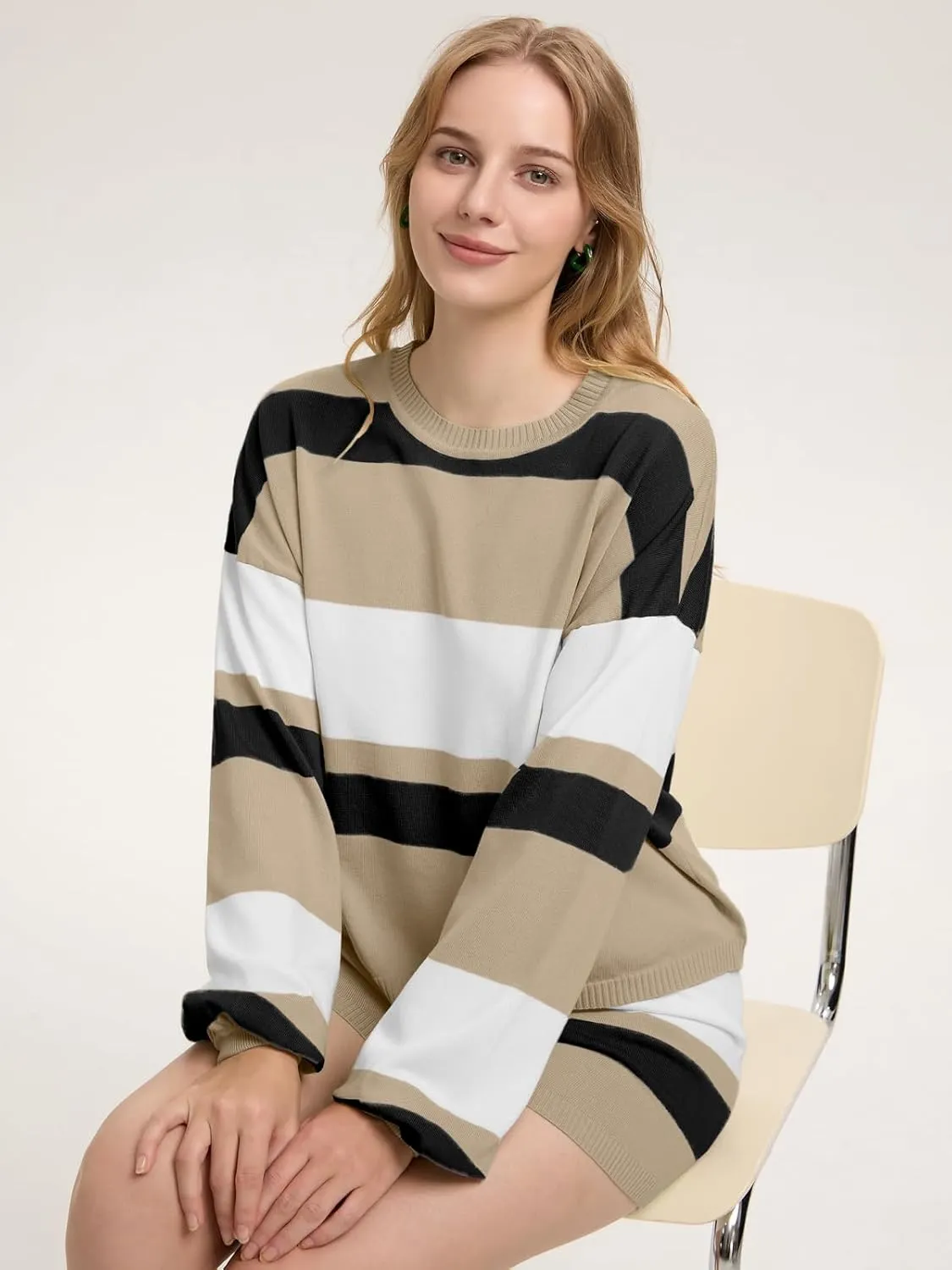 ZANZEA 2 Piece Lounge Sets for Women Knit Long Sleeve Pullover Tops and Short Sets Strip Vacation Outfits Casual Sweater Sets