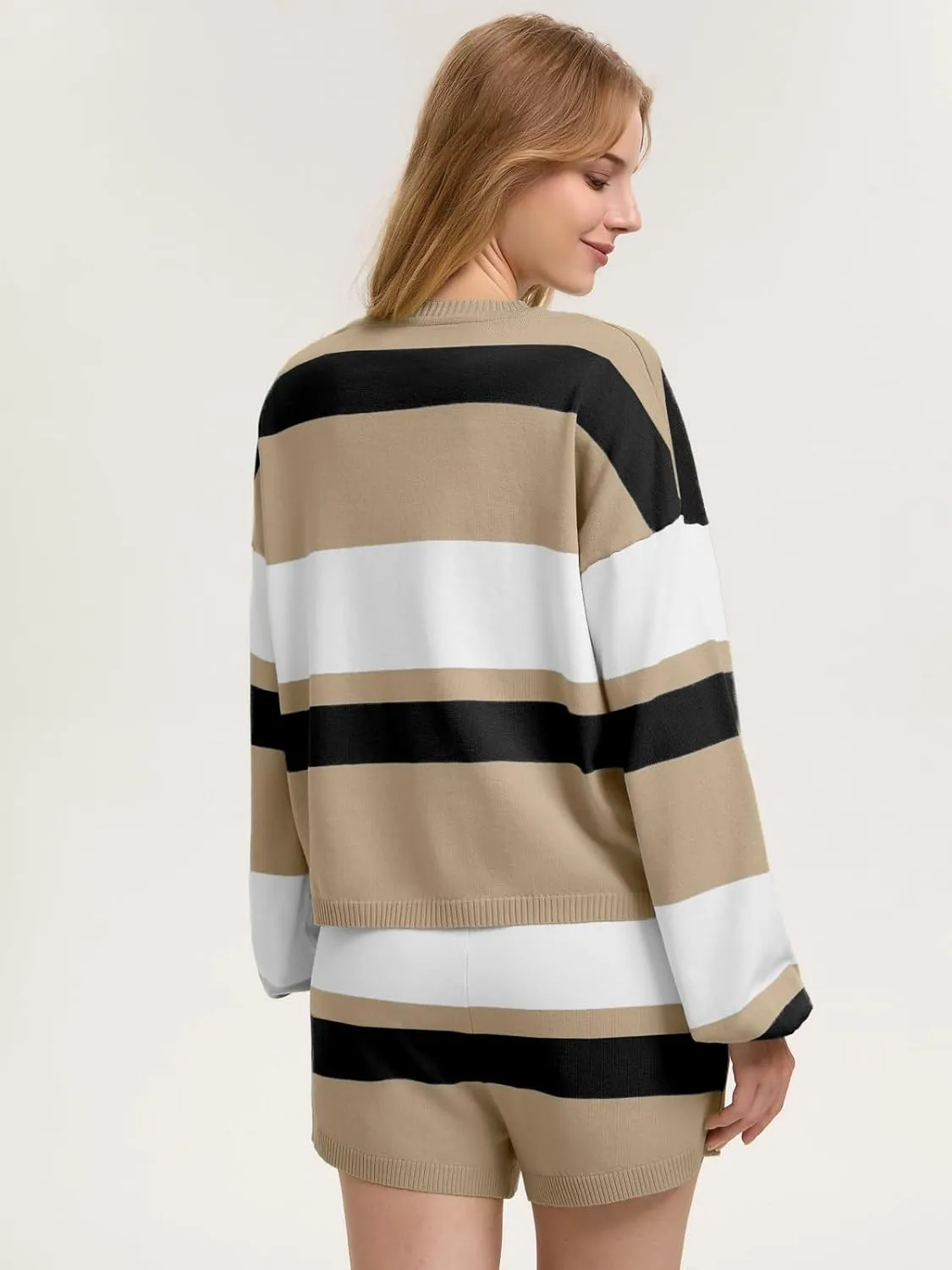 ZANZEA 2 Piece Lounge Sets for Women Knit Long Sleeve Pullover Tops and Short Sets Strip Vacation Outfits Casual Sweater Sets