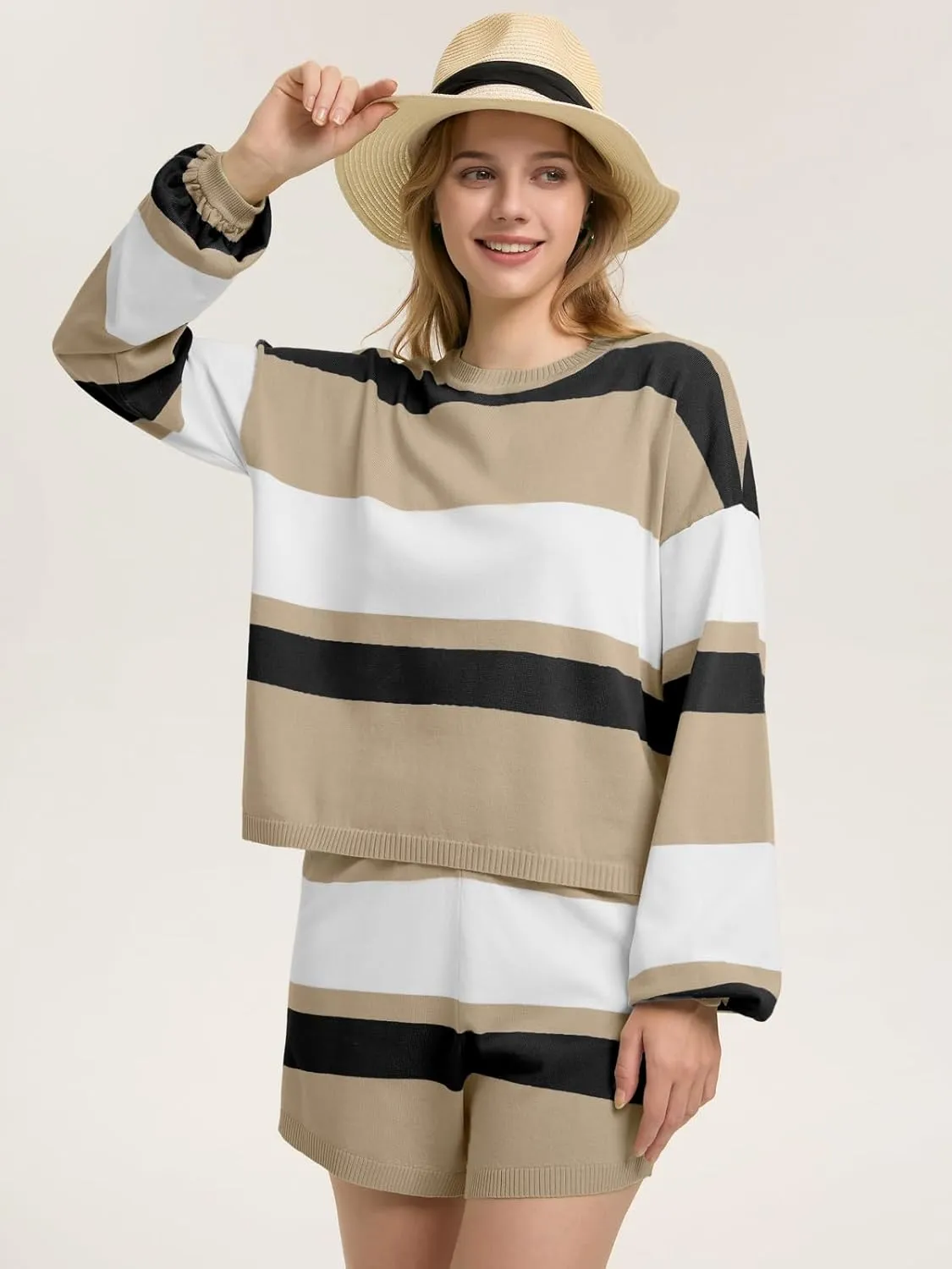 ZANZEA 2 Piece Lounge Sets for Women Knit Long Sleeve Pullover Tops and Short Sets Strip Vacation Outfits Casual Sweater Sets
