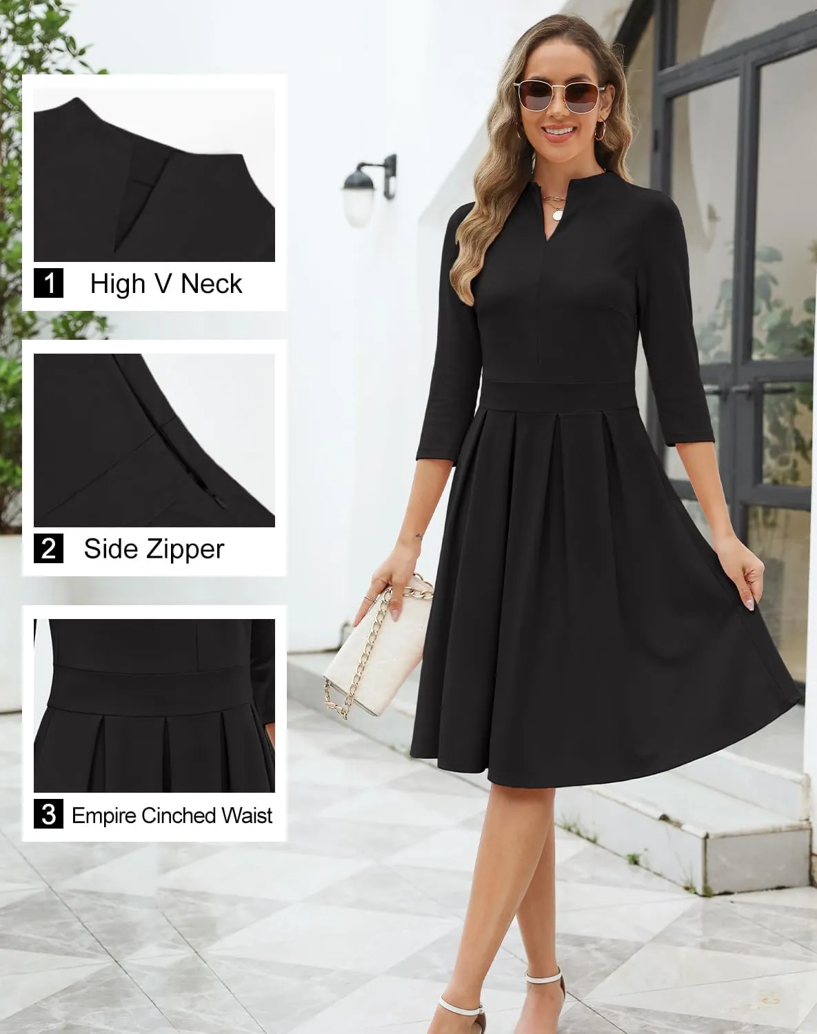 Zattcas Women 2025 Spring Summer Midi Dress Vneck 3/4 Sleeve Business Casual Work Teacher Church Knit Pleated A Line Dresses