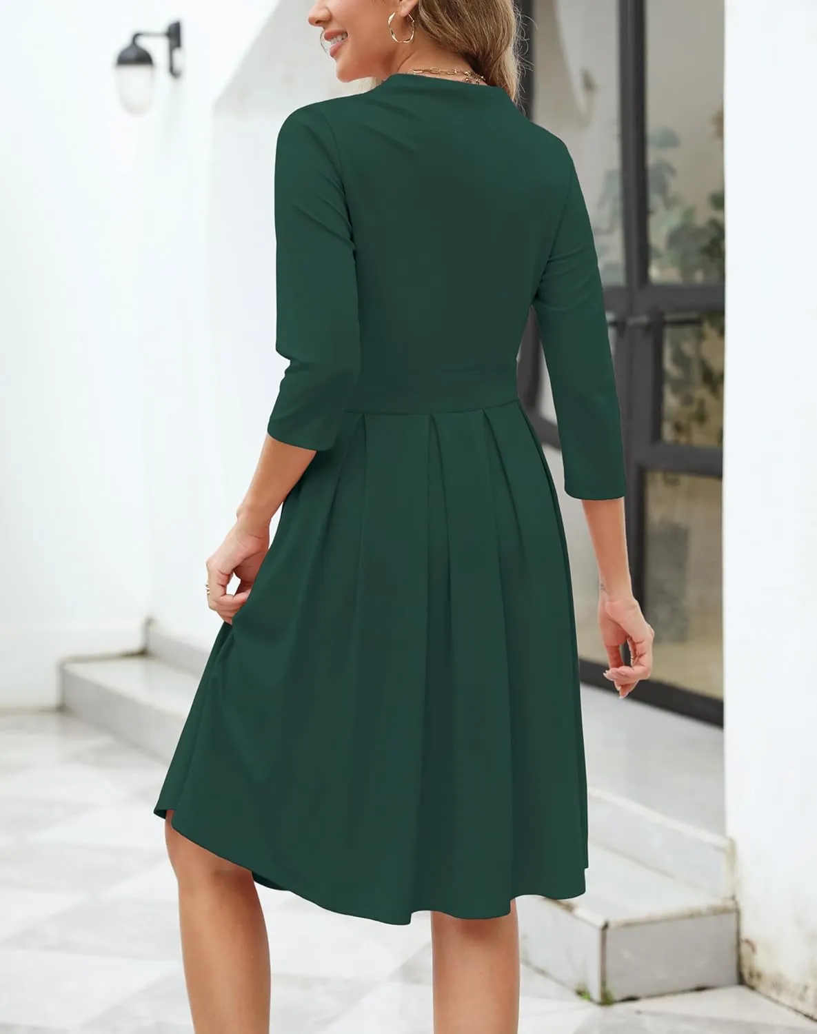 Zattcas Women 2025 Spring Summer Midi Dress Vneck 3/4 Sleeve Business Casual Work Teacher Church Knit Pleated A Line Dresses