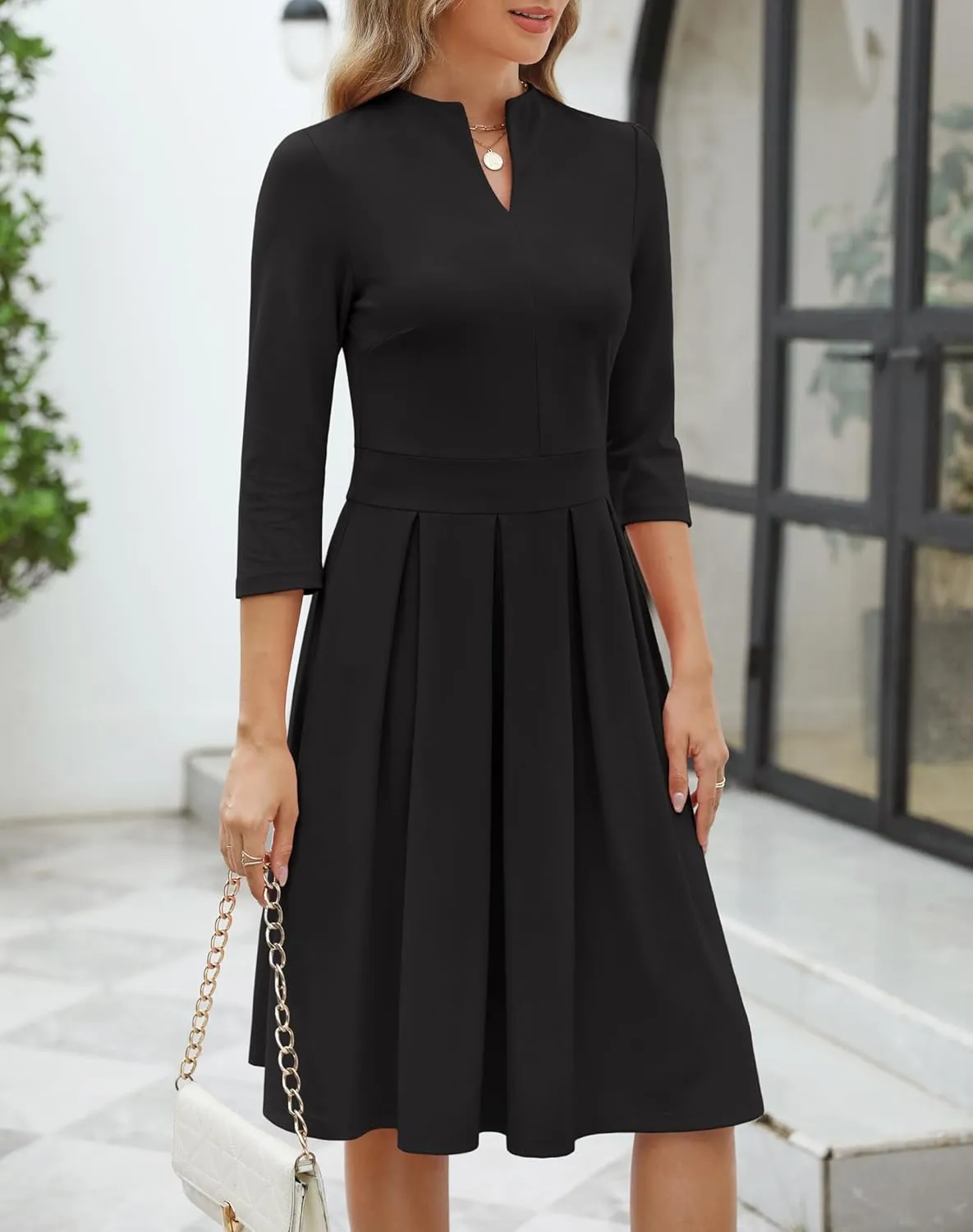 Zattcas Women 2025 Spring Summer Midi Dress Vneck 3/4 Sleeve Business Casual Work Teacher Church Knit Pleated A Line Dresses