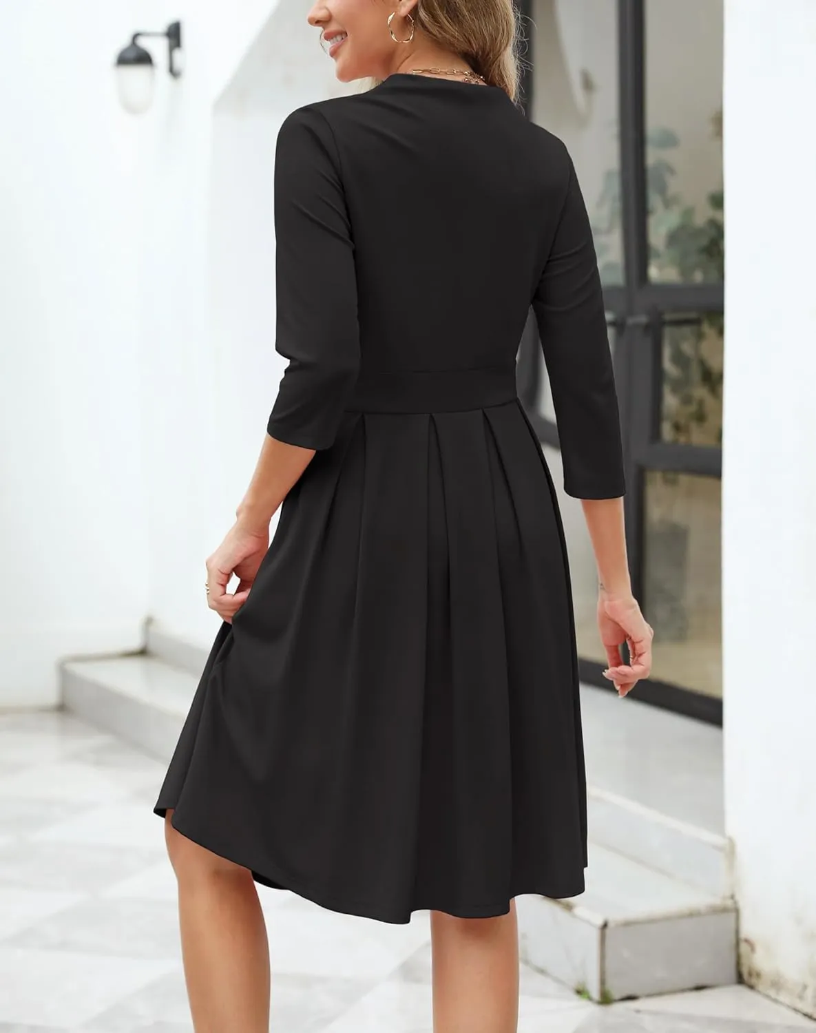 Zattcas Women 2025 Spring Summer Midi Dress Vneck 3/4 Sleeve Business Casual Work Teacher Church Knit Pleated A Line Dresses