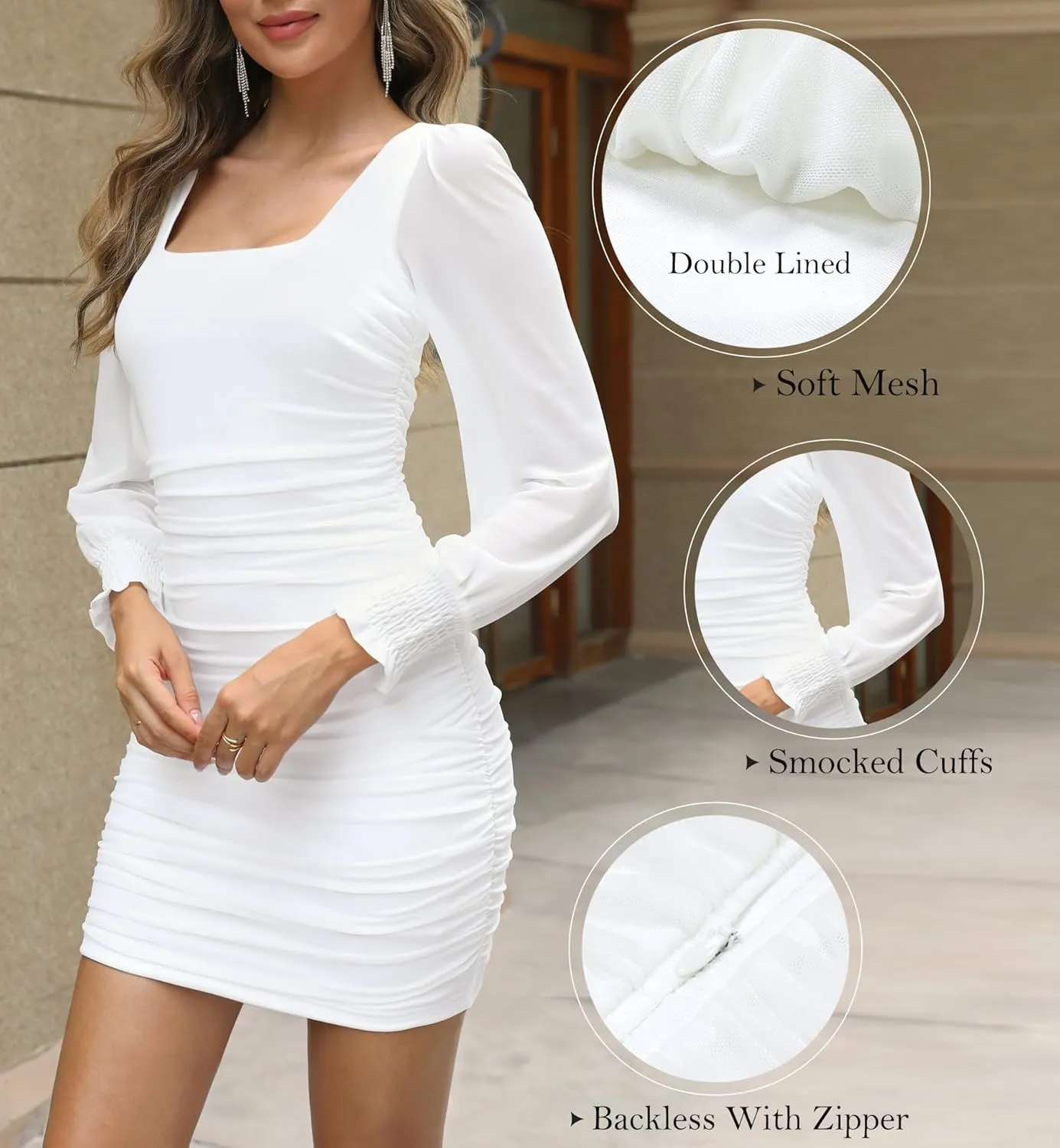 Zattcas Women's 2025 Spring Summer Mesh Long Sleeve Square Neck Ruched Wedding Guest Cocktail Party Club Bodycon Mini Dress