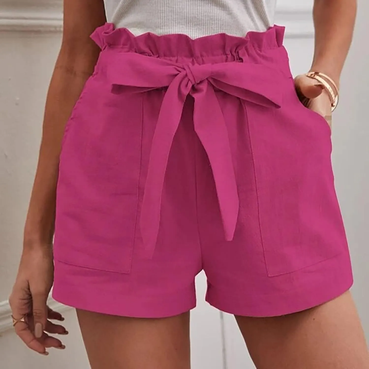 ZDRZK High Waist Paperbag Shorts for Women 2023 Casual Wide Leg Summer Cotton Linen Shorts with Pockets Trendy 2023