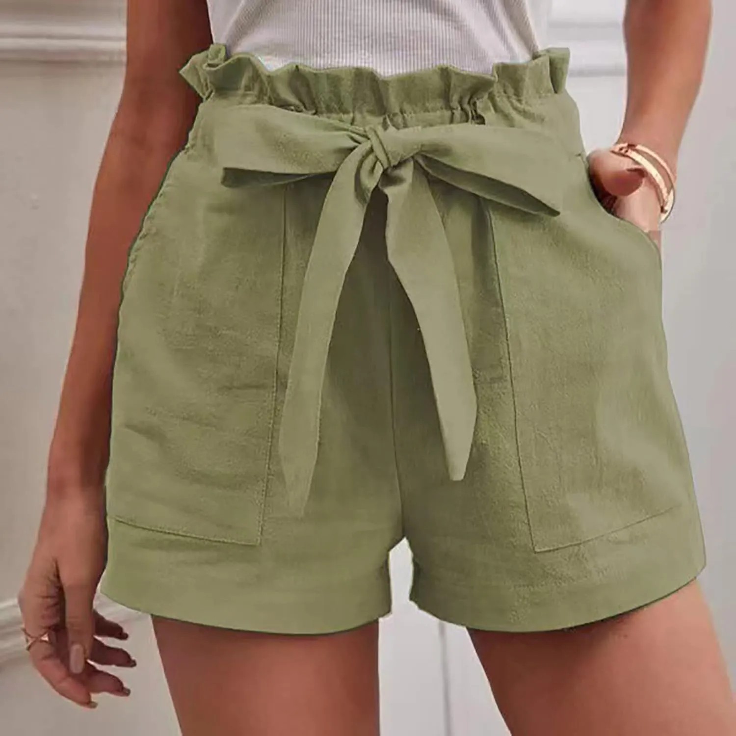 ZDRZK High Waist Paperbag Shorts for Women 2023 Casual Wide Leg Summer Cotton Linen Shorts with Pockets Trendy 2023