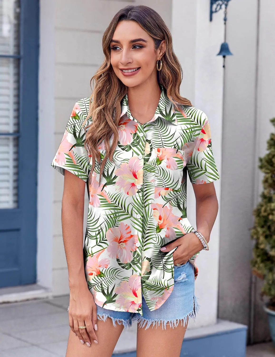 Zeagoo Womens Button Down Shirt Bust Pocket Short Sleeve Blouses Business Casual Work Tops Summer Outfits