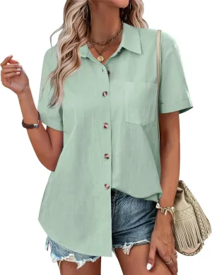Zeagoo Womens Button Down Shirts Color Block Short Sleeve Cotton Linen Summer Causal Blouses Tops