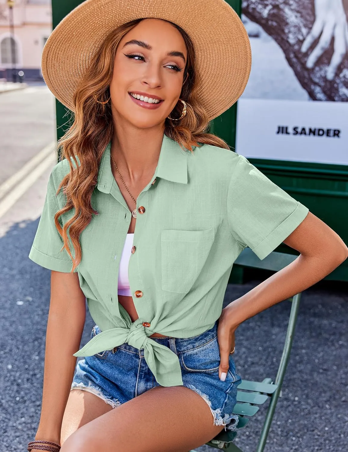 Zeagoo Womens Button Down Shirts Color Block Short Sleeve Cotton Linen Summer Causal Blouses Tops