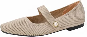 Zeberfi Women's Knit Mary Jane Flat Shoes with Hook and Loop Retro Closed Toe Shallow Mouth Slip On Flats Casual Comfortable Dressy Ballet Flats
