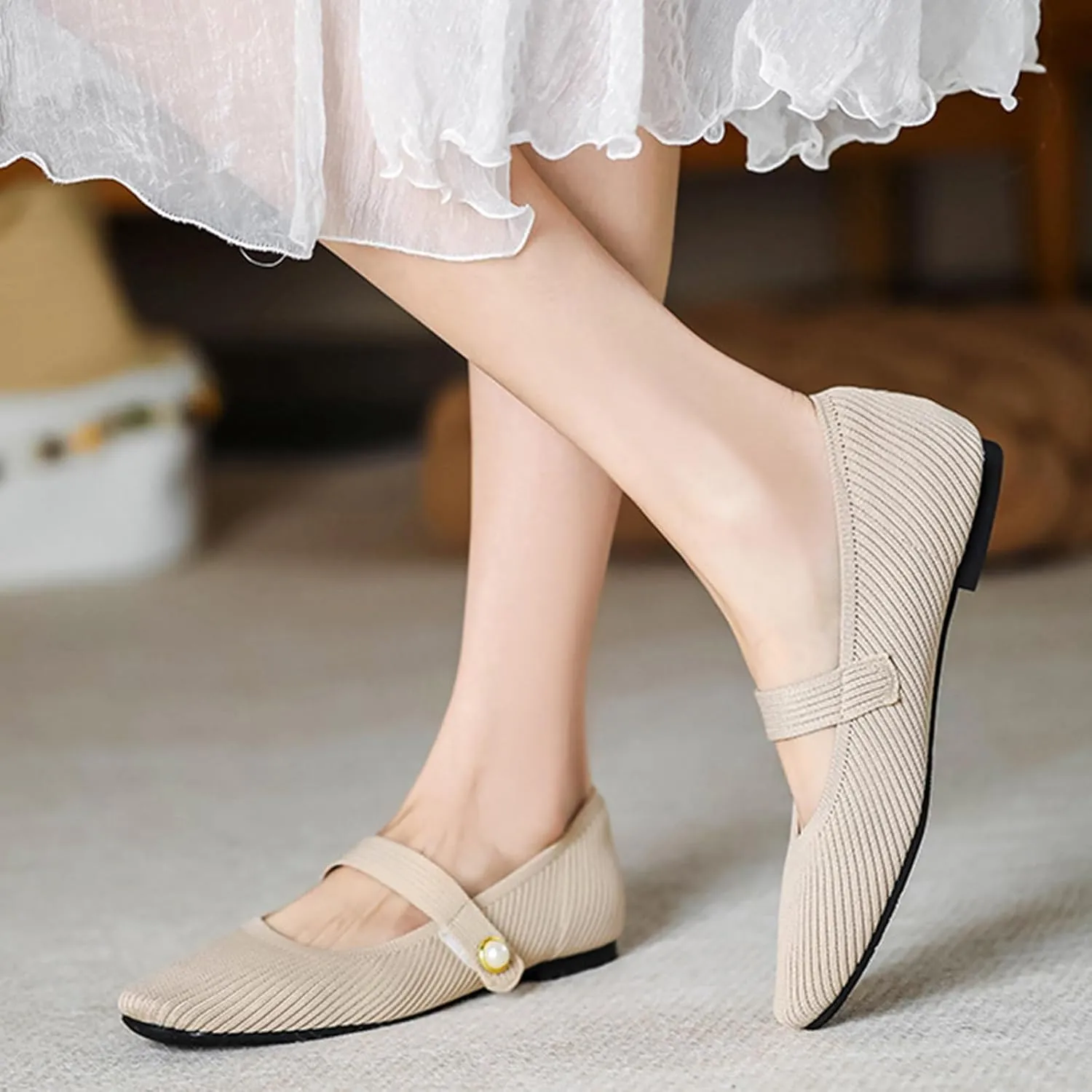 Zeberfi Women's Knit Mary Jane Flat Shoes with Hook and Loop Retro Closed Toe Shallow Mouth Slip On Flats Casual Comfortable Dressy Ballet Flats