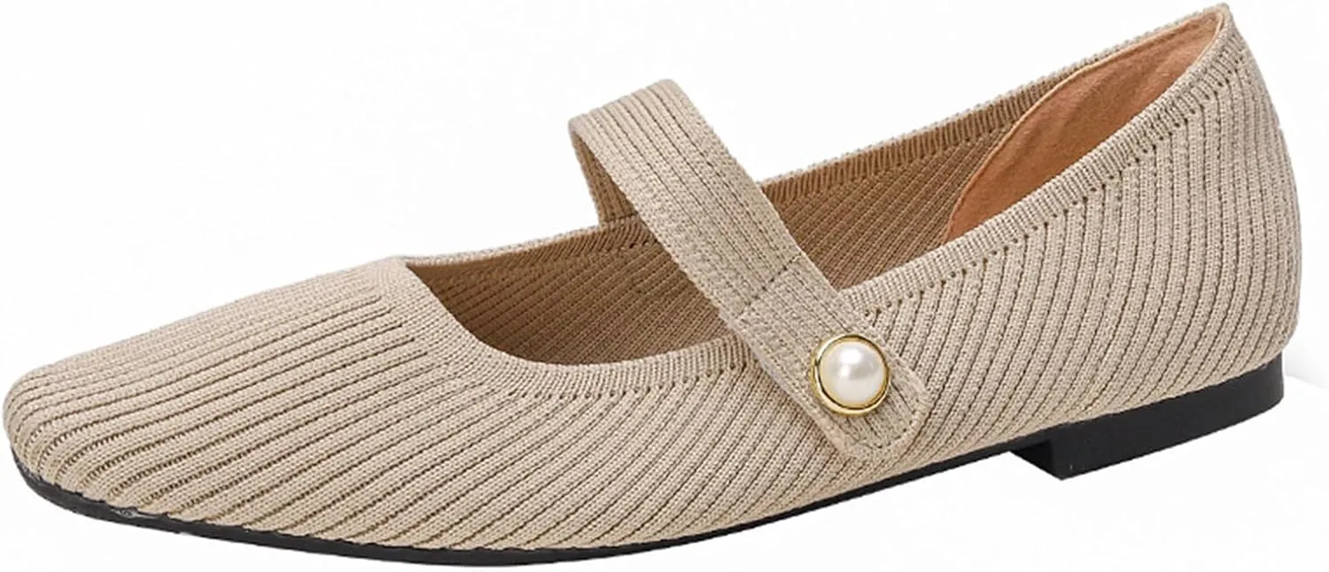 Zeberfi Women's Knit Mary Jane Flat Shoes with Hook and Loop Retro Closed Toe Shallow Mouth Slip On Flats Casual Comfortable Dressy Ballet Flats