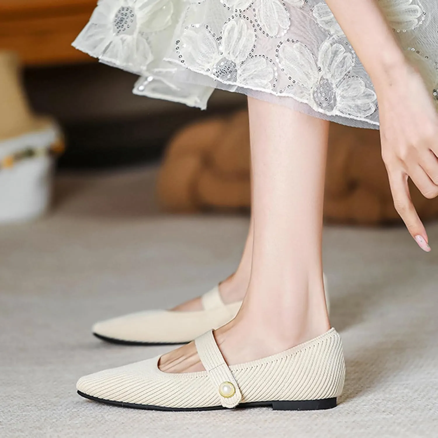 Zeberfi Women's Knit Mary Jane Flat Shoes with Hook and Loop Retro Closed Toe Shallow Mouth Slip On Flats Casual Comfortable Dressy Ballet Flats