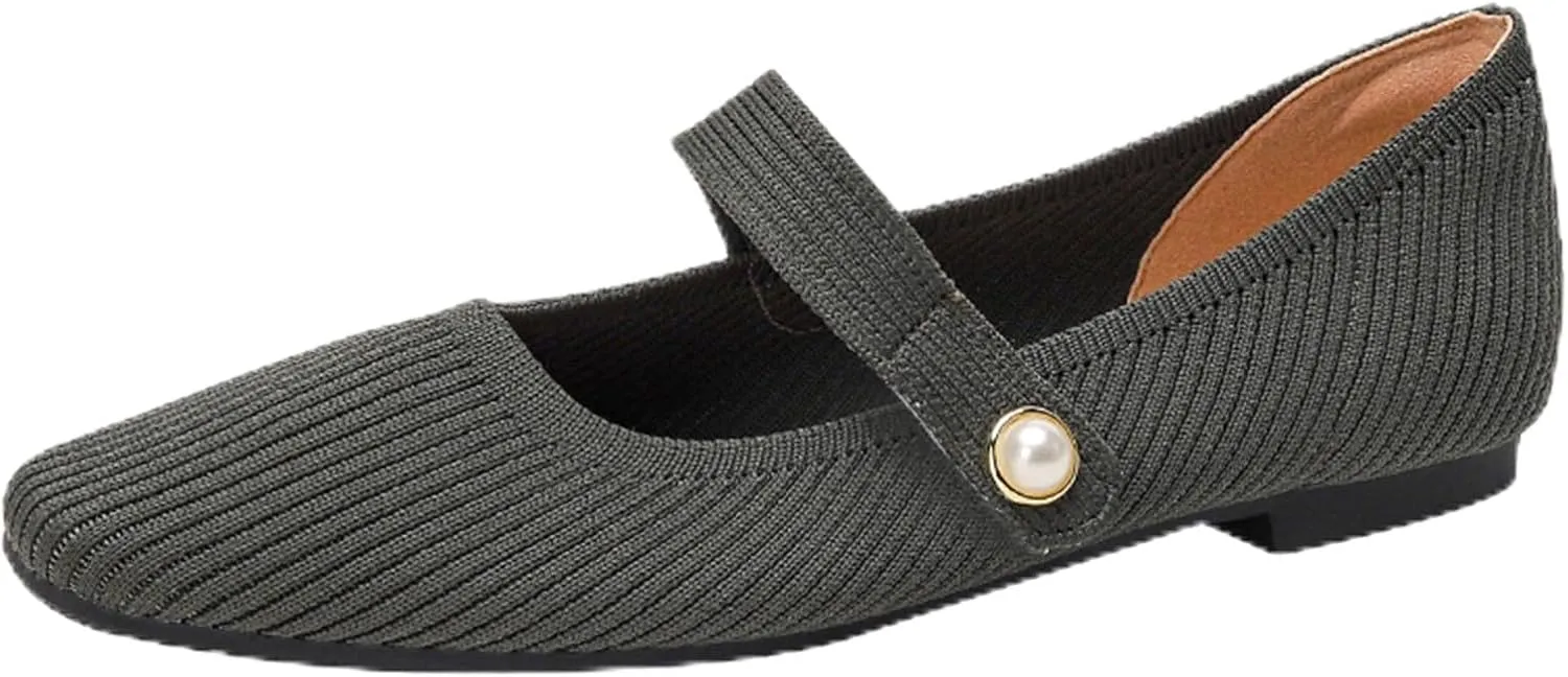 Zeberfi Women's Knit Mary Jane Flat Shoes with Hook and Loop Retro Closed Toe Shallow Mouth Slip On Flats Casual Comfortable Dressy Ballet Flats