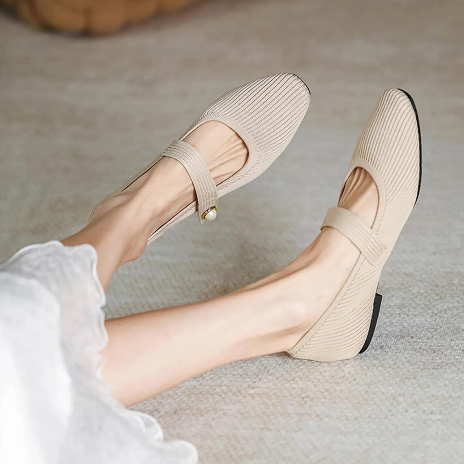 Zeberfi Women's Knit Mary Jane Flat Shoes with Hook and Loop Retro Closed Toe Shallow Mouth Slip On Flats Casual Comfortable Dressy Ballet Flats