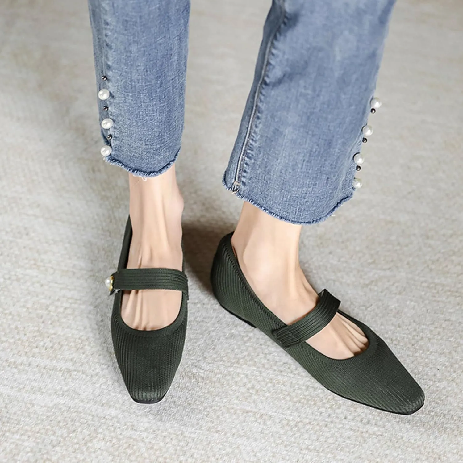 Zeberfi Women's Knit Mary Jane Flat Shoes with Hook and Loop Retro Closed Toe Shallow Mouth Slip On Flats Casual Comfortable Dressy Ballet Flats