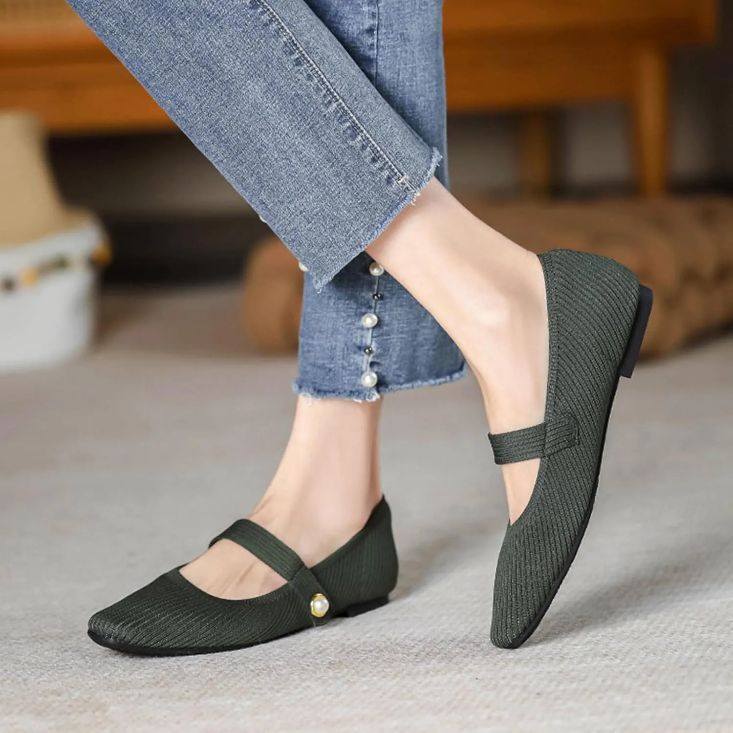 Zeberfi Women's Knit Mary Jane Flat Shoes with Hook and Loop Retro Closed Toe Shallow Mouth Slip On Flats Casual Comfortable Dressy Ballet Flats