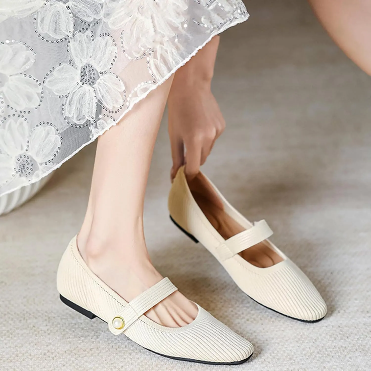 Zeberfi Women's Knit Mary Jane Flat Shoes with Hook and Loop Retro Closed Toe Shallow Mouth Slip On Flats Casual Comfortable Dressy Ballet Flats