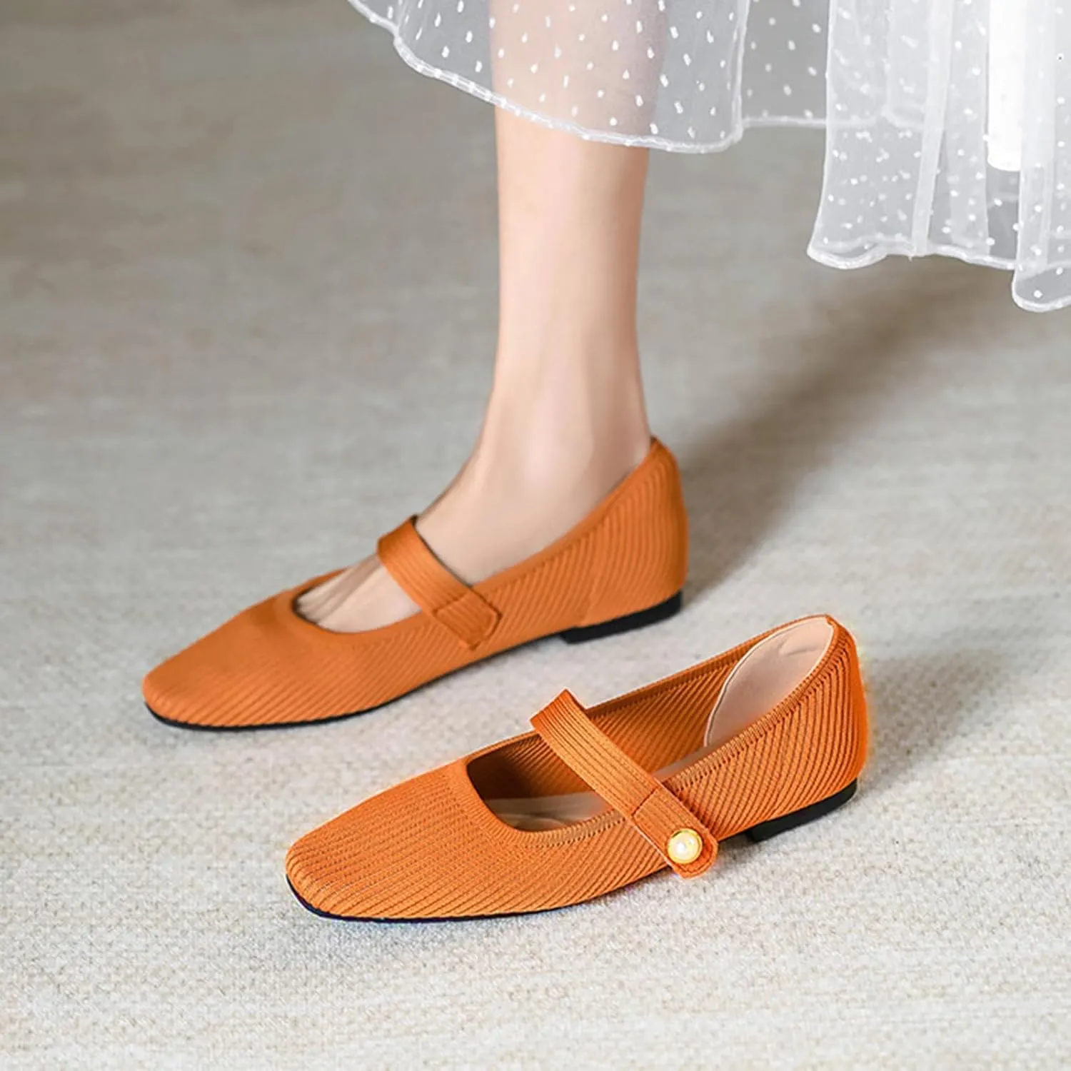 Zeberfi Women's Knit Mary Jane Flat Shoes with Hook and Loop Retro Closed Toe Shallow Mouth Slip On Flats Casual Comfortable Dressy Ballet Flats