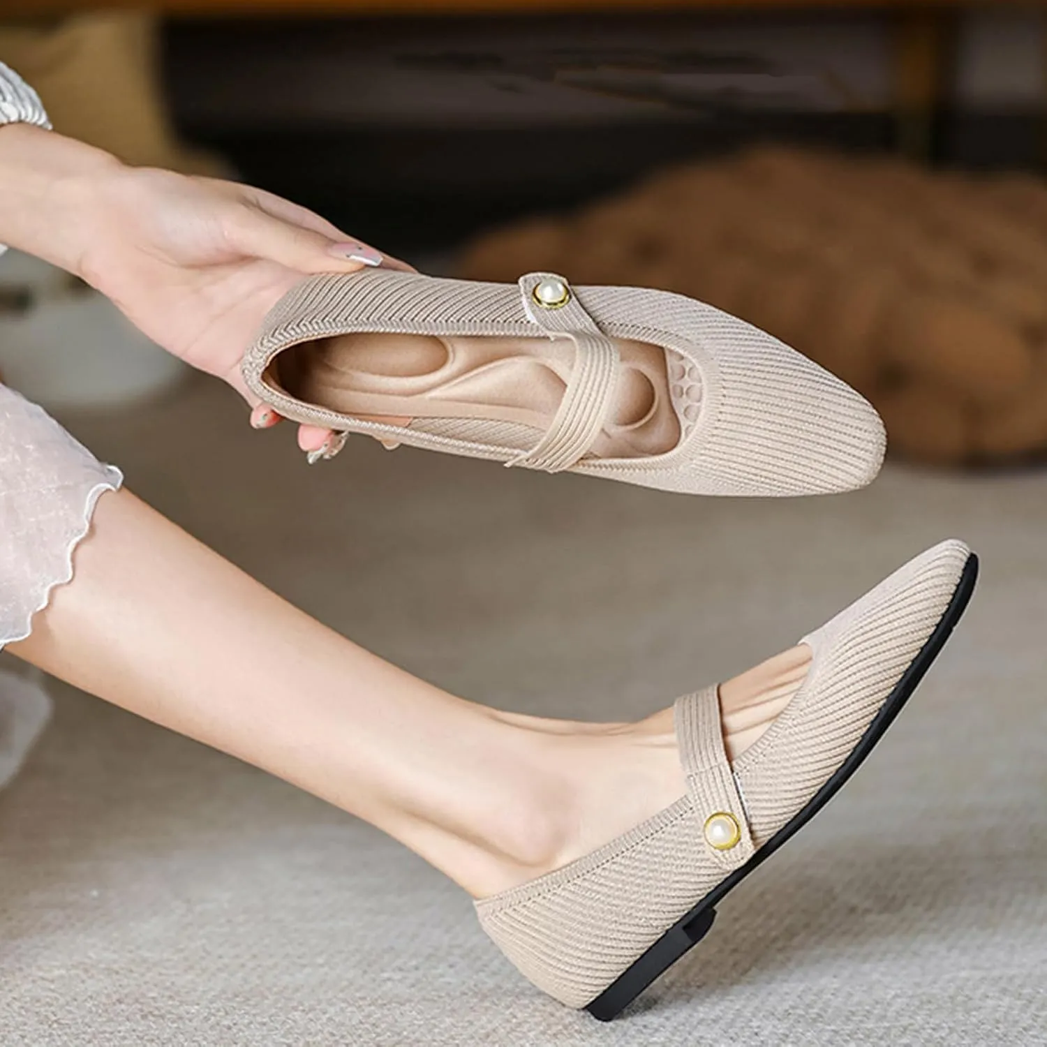 Zeberfi Women's Knit Mary Jane Flat Shoes with Hook and Loop Retro Closed Toe Shallow Mouth Slip On Flats Casual Comfortable Dressy Ballet Flats