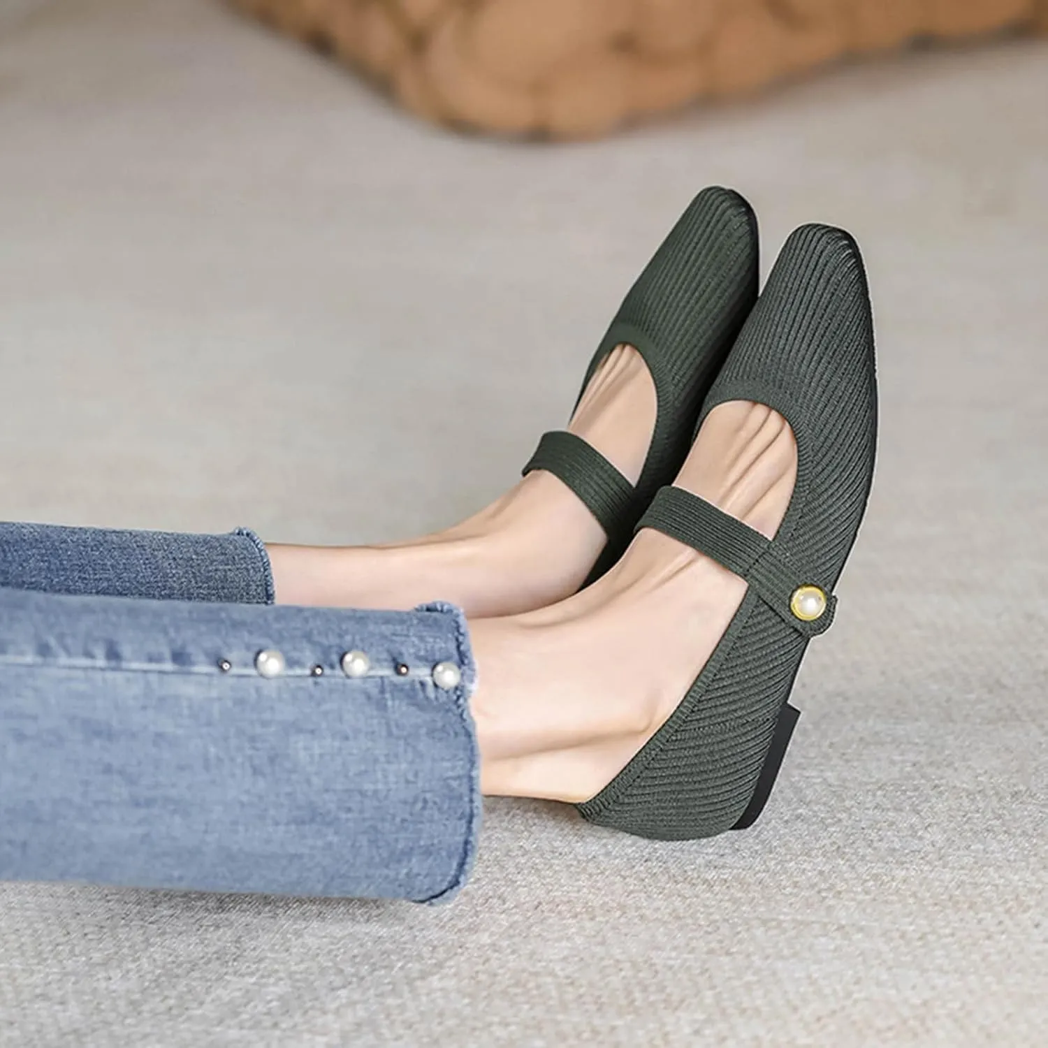 Zeberfi Women's Knit Mary Jane Flat Shoes with Hook and Loop Retro Closed Toe Shallow Mouth Slip On Flats Casual Comfortable Dressy Ballet Flats