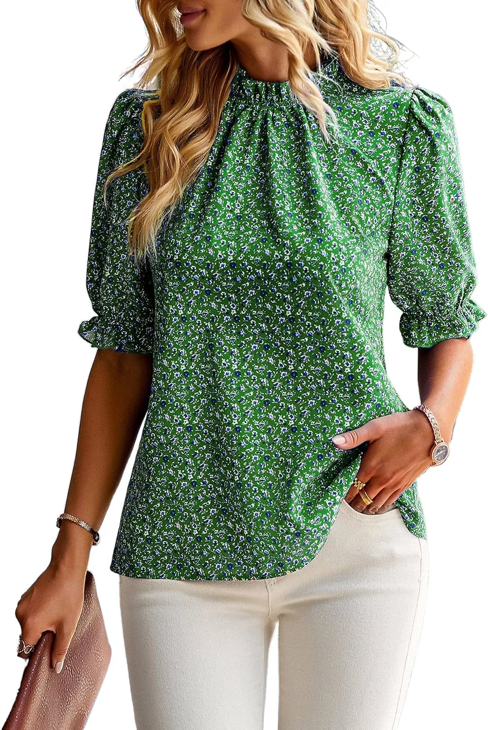ZILIN Women's Summer Boho Floral Shirt Top Ruffle Mock Neck Puff Short Sleeve 2024 Casual Blouses