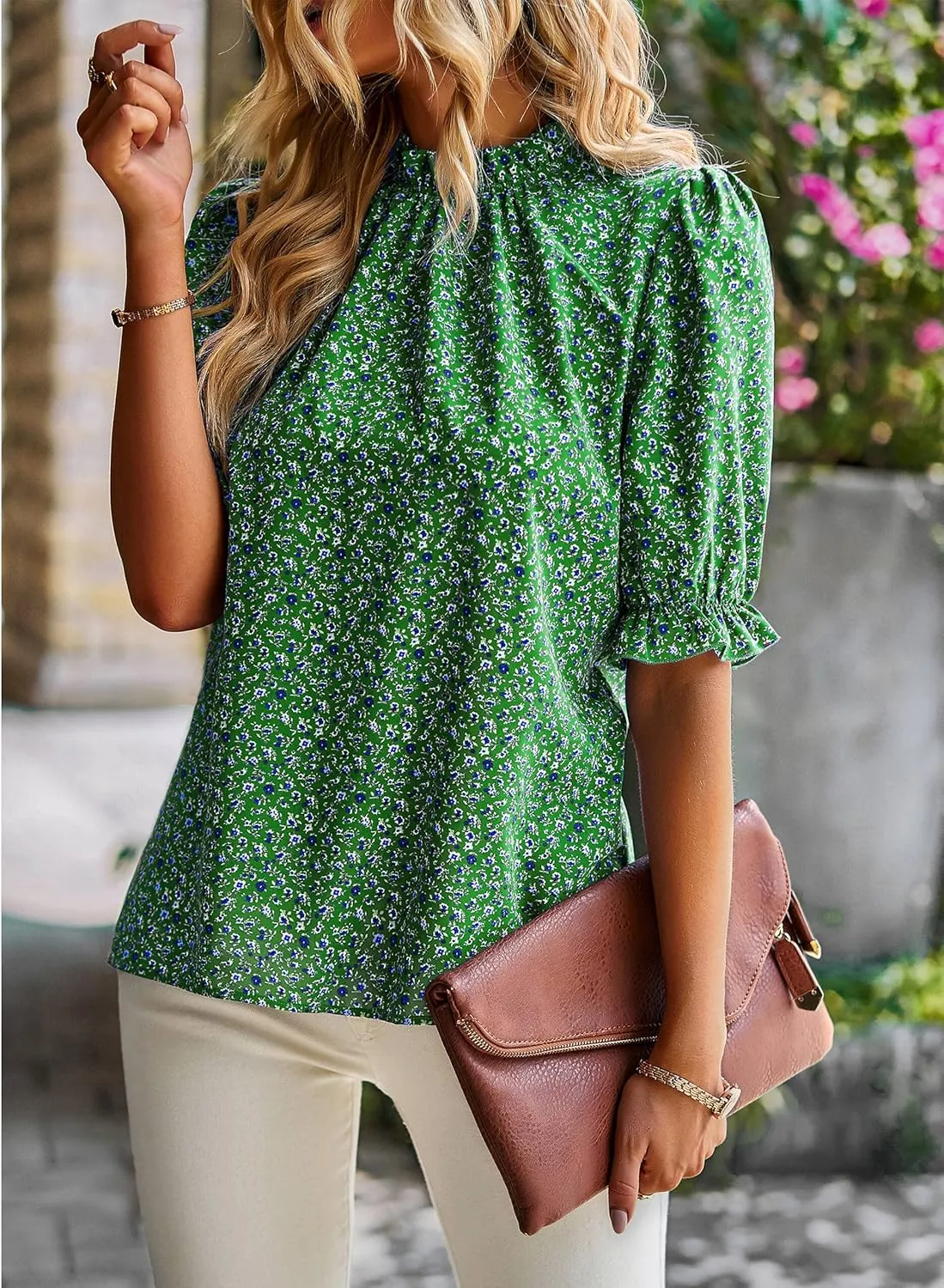 ZILIN Women's Summer Boho Floral Shirt Top Ruffle Mock Neck Puff Short Sleeve 2024 Casual Blouses