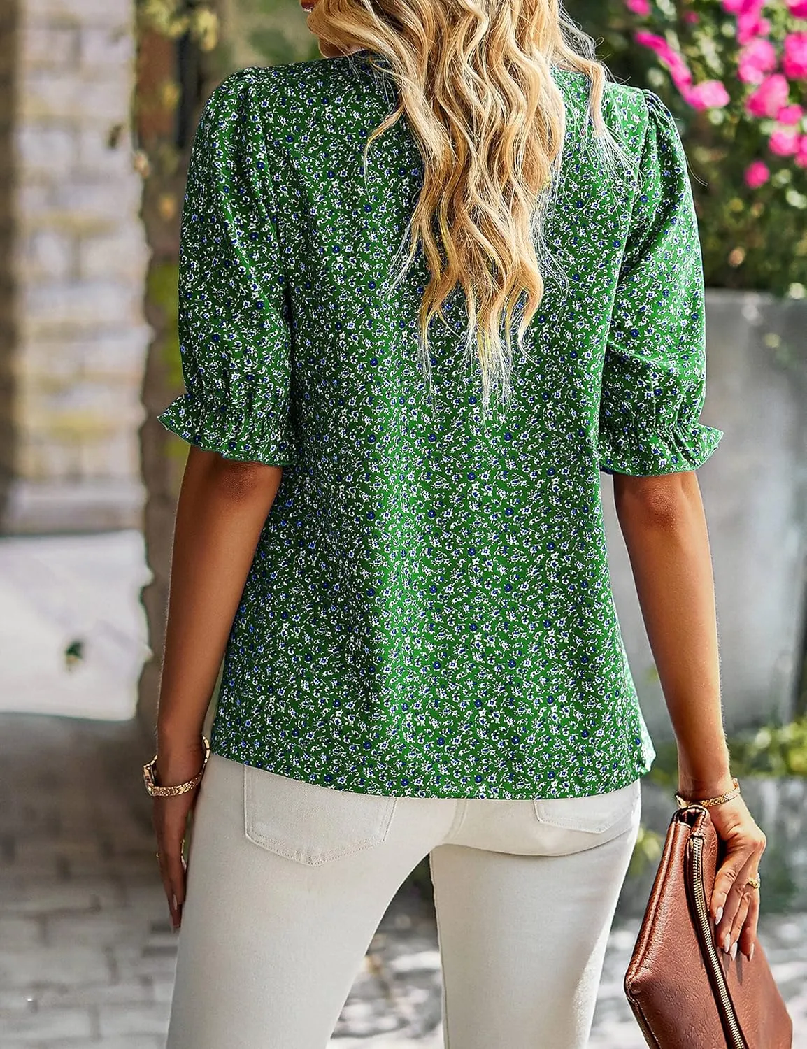 ZILIN Women's Summer Boho Floral Shirt Top Ruffle Mock Neck Puff Short Sleeve 2024 Casual Blouses