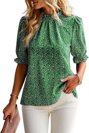 ZILIN Women's Summer Boho Floral Shirt Top Ruffle Mock Neck Puff Short Sleeve 2024 Casual Blouses