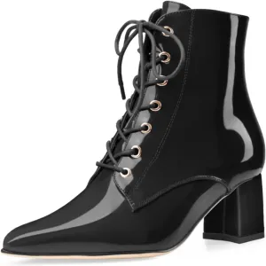 Z.Oufeier Women's Chunky Ankle Boots with Low Block Heel Fashion Leather Lace Up Pointed Toe Heeled Booties